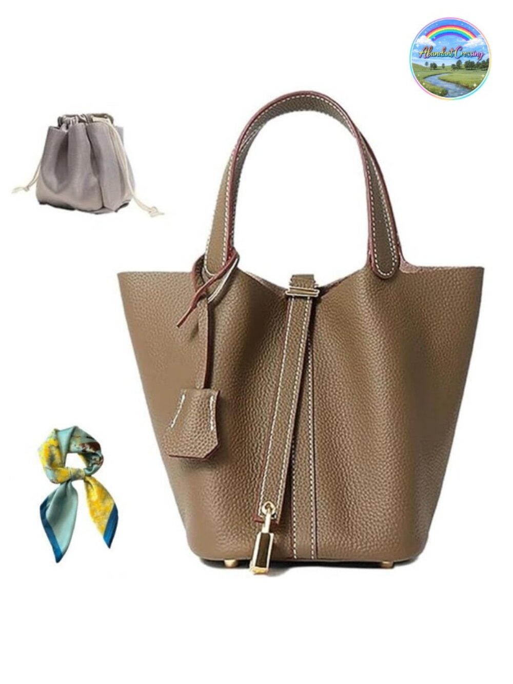 Genuine Leather Bucket Bag Women Lock Shoulder Handbag Top-Handle Tote
